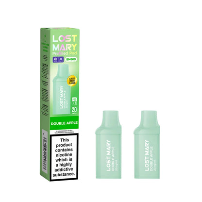 Two Lost Mary BM600 vape refill pods in "Double Apple" flavour with colourful packaging on a white background.