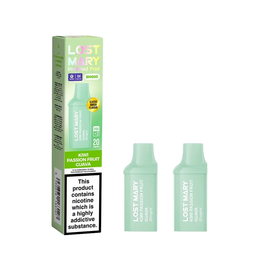 Two Lost Mary BM600 vape refill pods in "Kiwi Passionfruit Guava" flavour with colourful packaging on a white background.