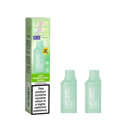 Two Lost Mary BM600 vape refill pods in "Kiwi Passionfruit Guava" flavour with colourful packaging on a white background.