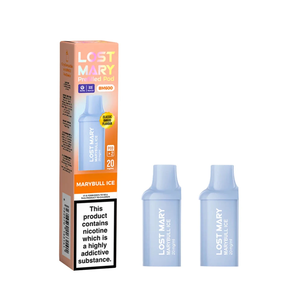 Two Lost Mary BM600 vape refill pods in "Marybull Ice" flavour with colourful packaging on a white background.