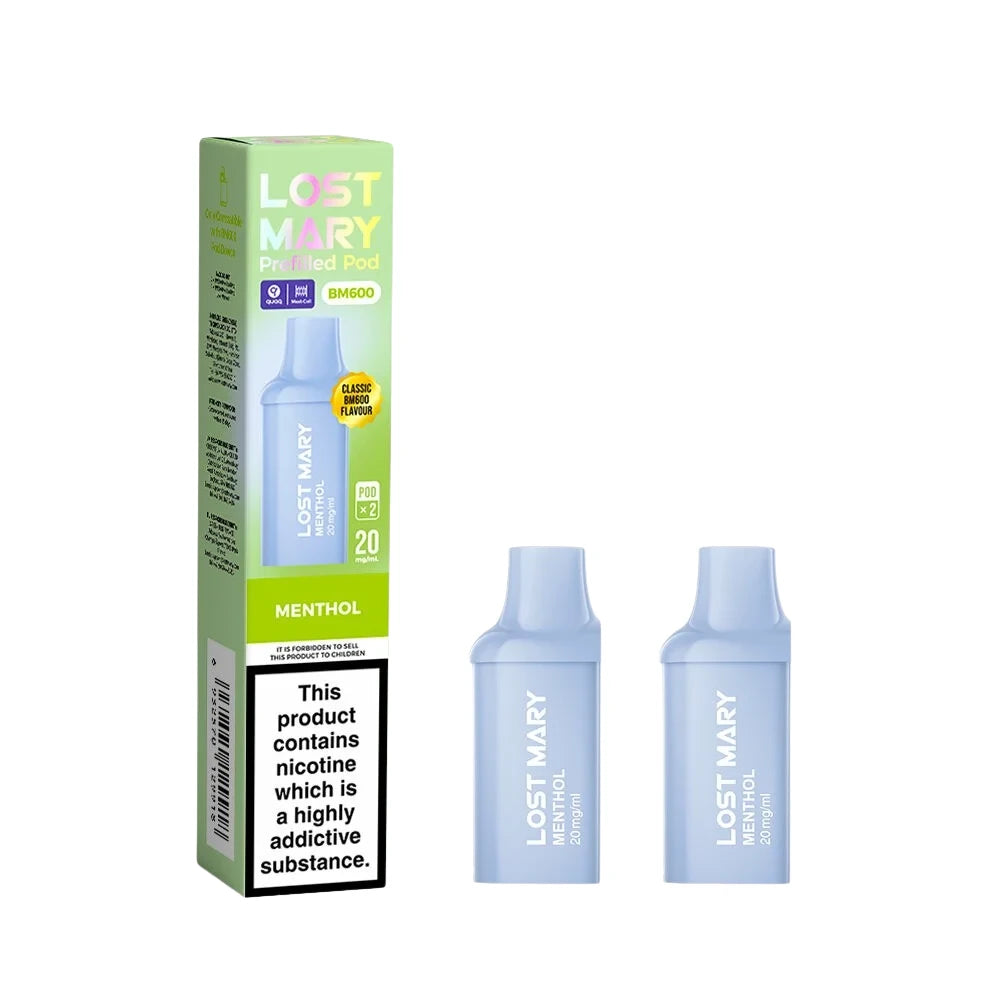 Two Lost Mary BM600 vape refill pods in "Menthol" flavour with colourful packaging on a white background.