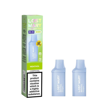 Two Lost Mary BM600 vape refill pods in "Menthol" flavour with colourful packaging on a white background.