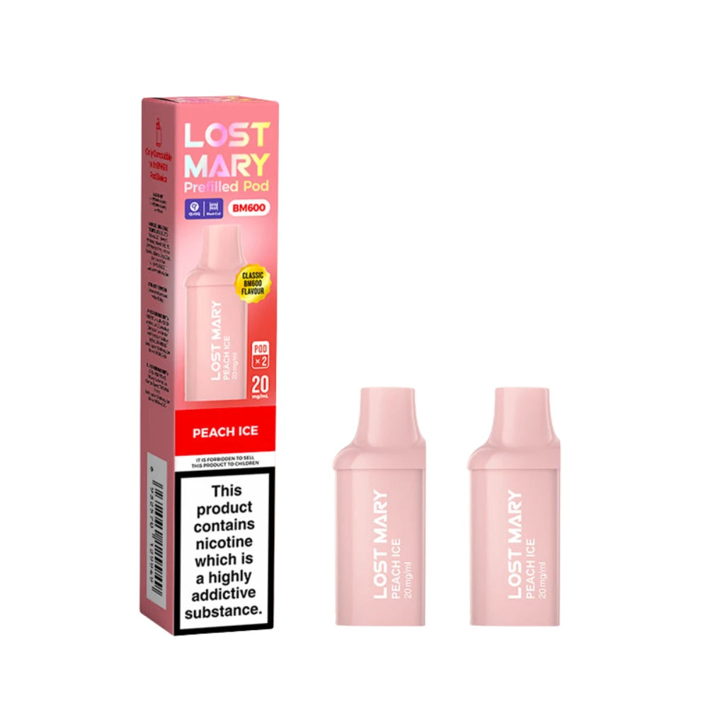 Two Lost Mary BM600 vape refill pods in "Peach Ice" flavour with colourful packaging on a white background.