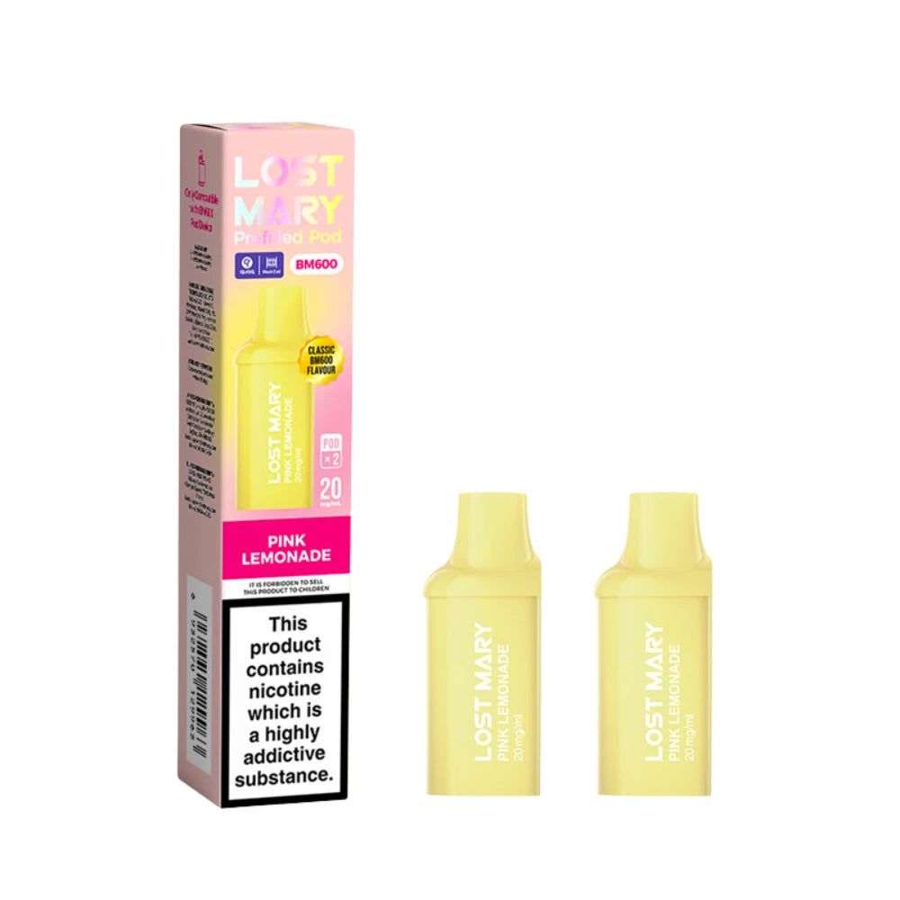 Two Lost Mary BM600 vape refill pods in "Pink Lemonade" flavour with colourful packaging on a white background.
