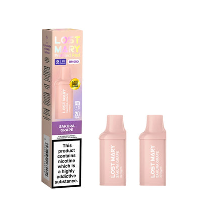 Two Lost Mary BM600 vape refill pods in "Sakura Grape" flavour with colourful packaging on a white background.