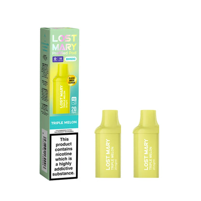 Two Lost Mary BM600 vape refill pods in "Triple Melon" flavour with colourful packaging on a white background.