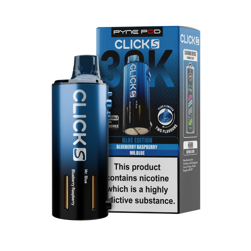 Pyne Pod Click S Pod in Blue Edition beside packaging on a white background.