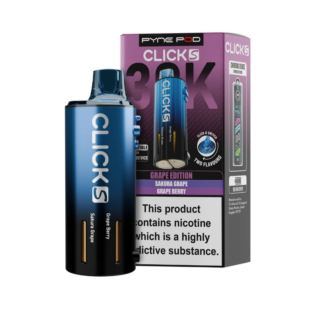 Pyne Pod Click S Pod in Grape Edition beside packaging on a white background.