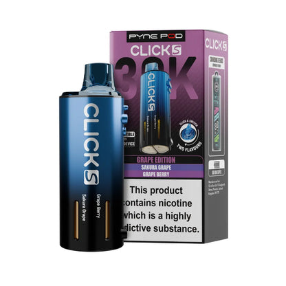 Pyne Pod Click S Pod in Grape Edition beside packaging on a white background.