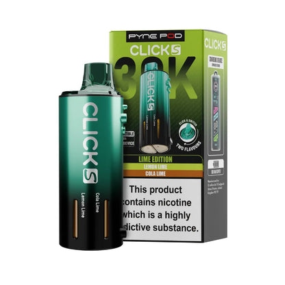 Pyne Pod Click S Pod in Lime Edition beside packaging on a white background.