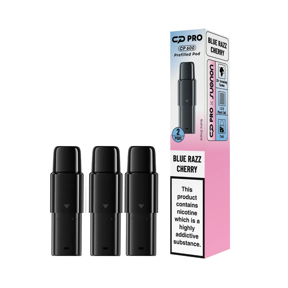 Packaging of Suonon x CP Pro CP600 replacement pods with 3 pods on a white background