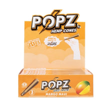 Box of Popz Hemp Cones with branding and product details on an orange background