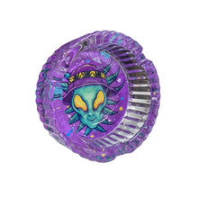 Transparent purple glass ashtray with a printed alien design and 'OG LABS' branding on a white background