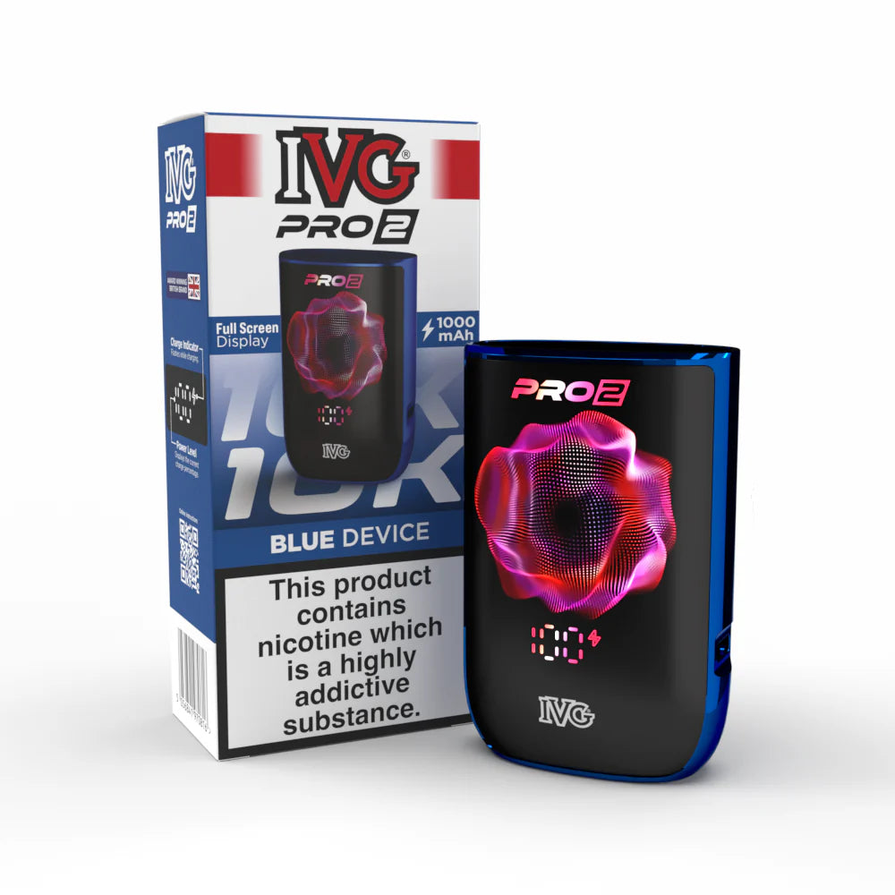 IVG Pro 2 vape device in "blue" colour with packaging on a white background,