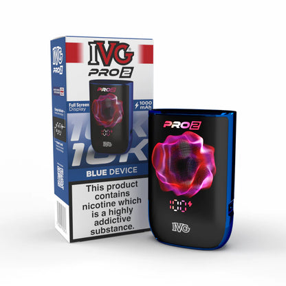 IVG Pro 2 vape device in "blue" colour with packaging on a white background,