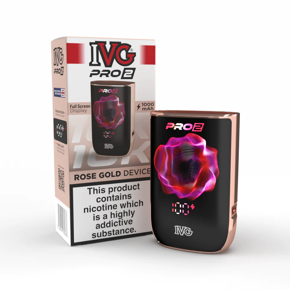 IVG Pro 2 vape device in "rose gold" colour with packaging on a white background,