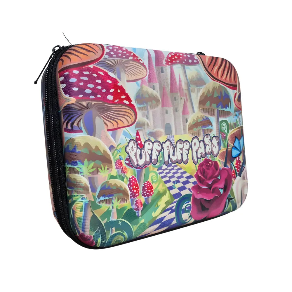 Colorful case with mushroom and castle design featuring 'Puff Puff Pass' text on a white background.