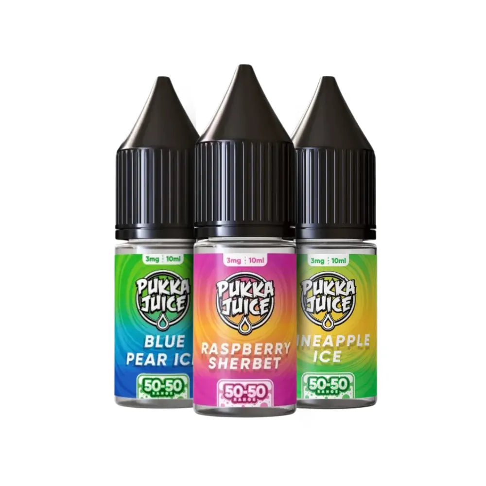 Three bottles of Pukka Juice e-liquid with colorful labels on a white background