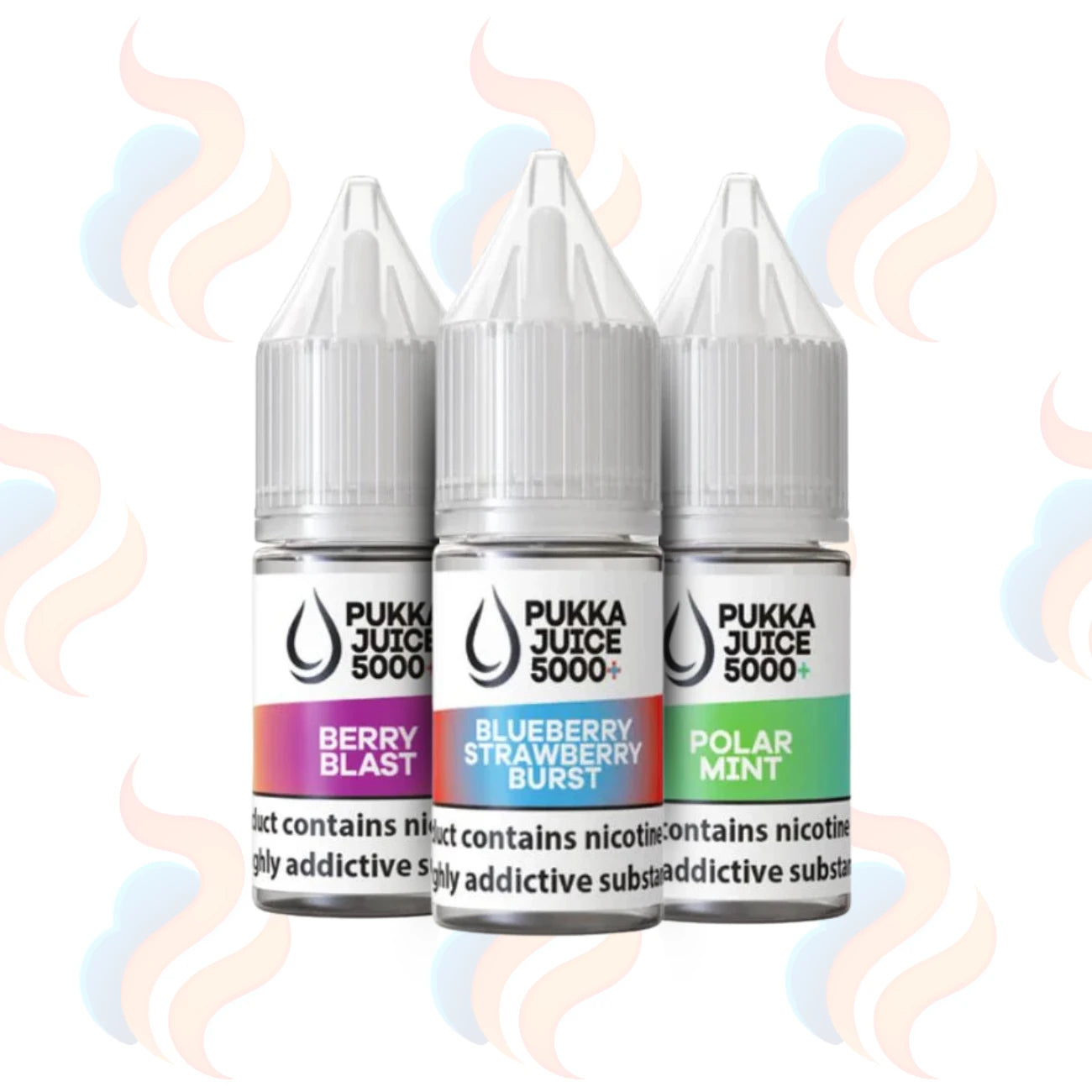Three Pukka Juice 5000+ E-liquids on a white background with UK Vape Supply Logo