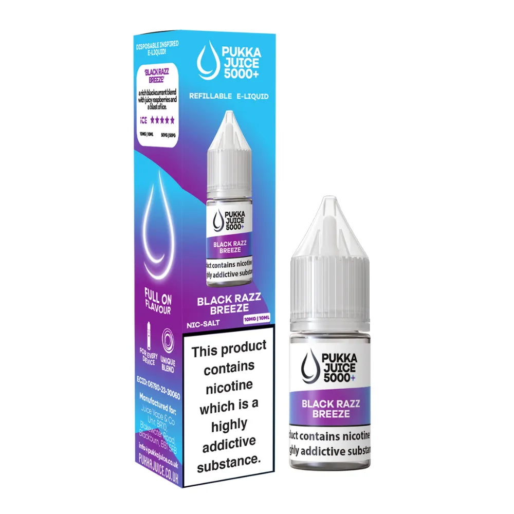 Pukka Juice 5000 Black Razz Breeze e-liquid bottle and packaging on a white background