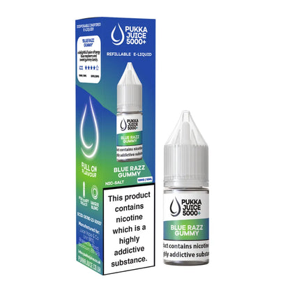 Pukka Juice 5000+ Blue Razz Gummy e-liquid bottle and packaging on a white background