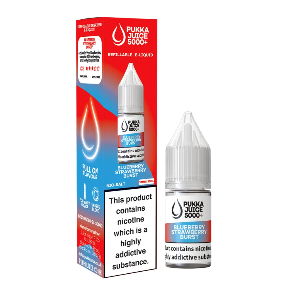 Pukka Juice Blueberry Strawberry Burst e-liquid bottle and packaging on a white background
