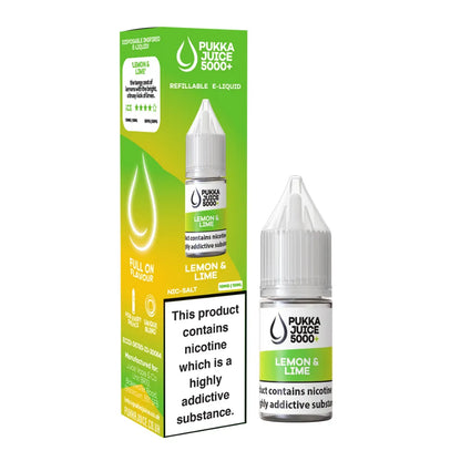 Pukka Juice Lemon & Lime e-liquid bottle and packaging on a white background
