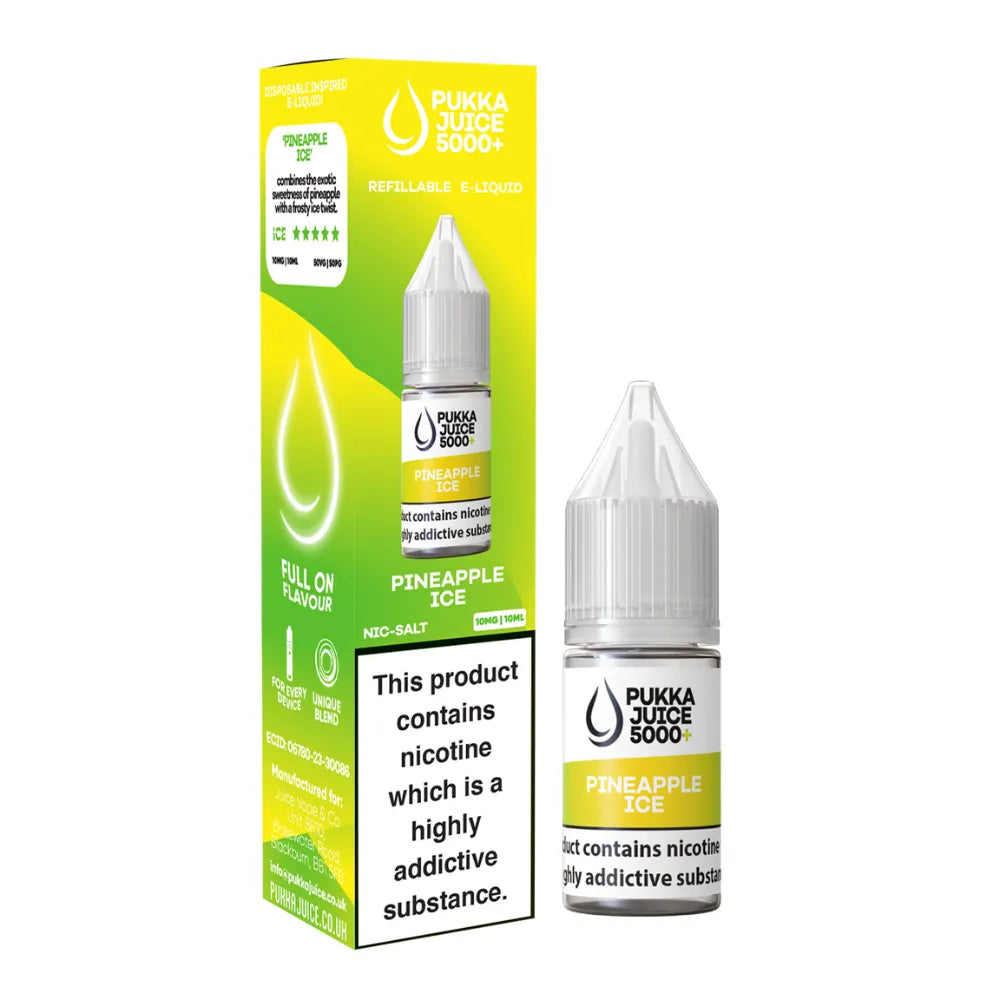 Pukka Juice Pineapple Ice e-liquid bottle and packaging on a white background