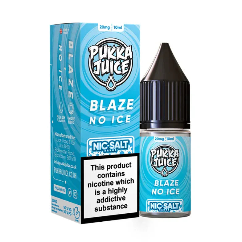 Pukka Juice Blaze No Ice nicotine salt packaging and bottle on a white background