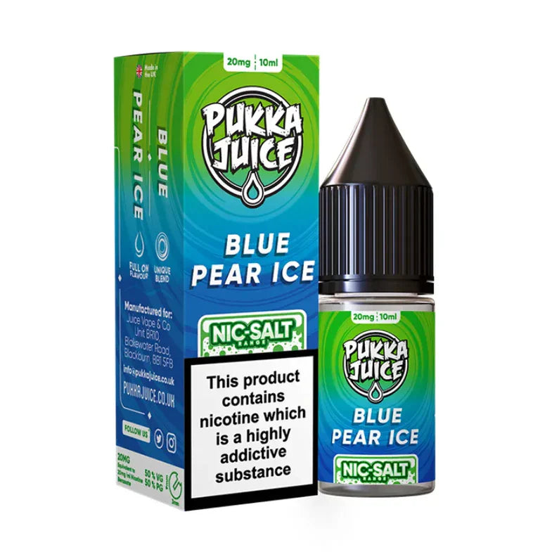 Pukka Juice Blue Pear Ice nicotine salt packaging and bottle on a white background