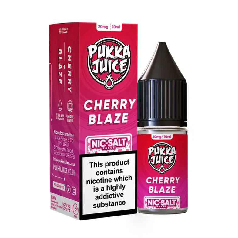 Pukka Juice Cherry Blaze nicotine salt packaging and bottle on a white background