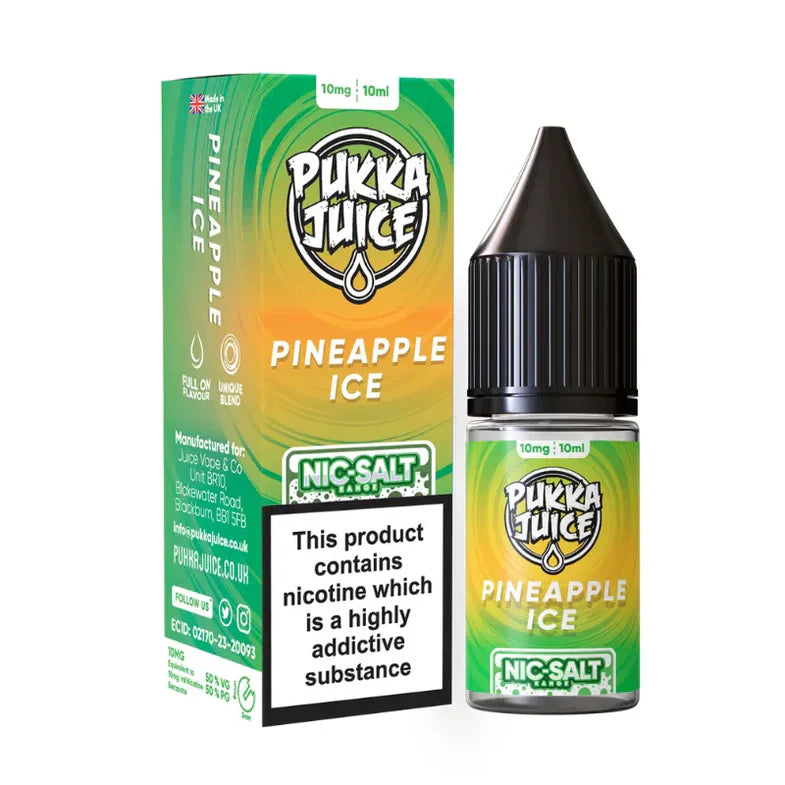 Pukka Juice Pineapple Ice e-liquid bottle and packaging on a white background