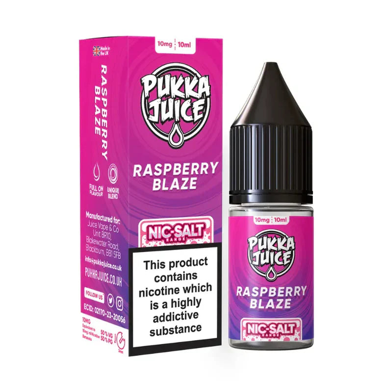 Pukka Juice Raspberry Blaze e-liquid bottle and packaging on a white background