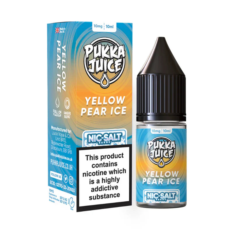 Pukka Juice Yellow Pear Ice nicotine salt packaging and bottle on a white background