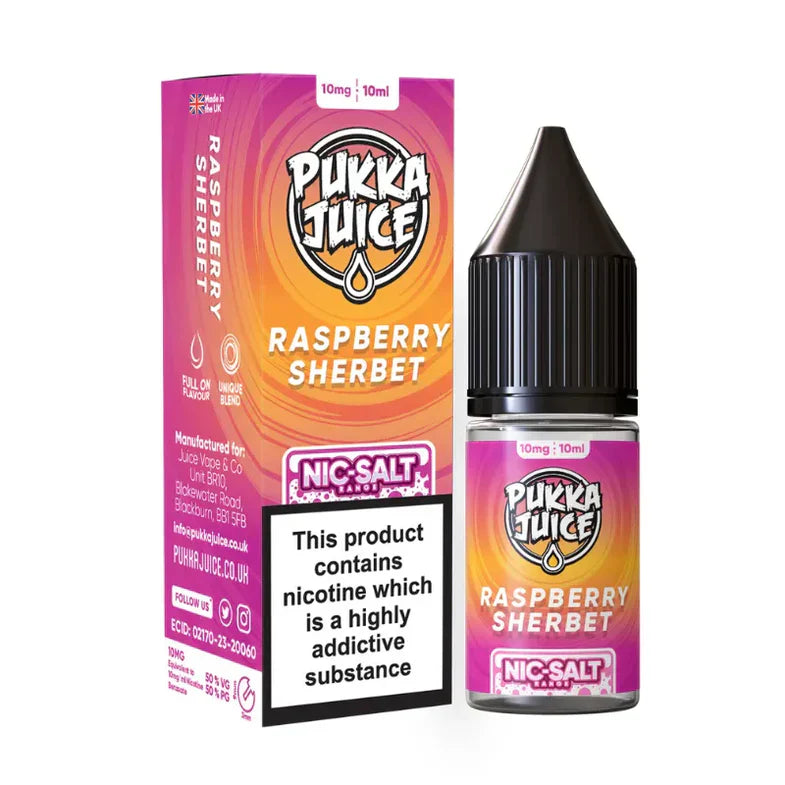 Pukka Juice Raspberry Sherbet Nic-Salt e-liquid packaging on a white background
