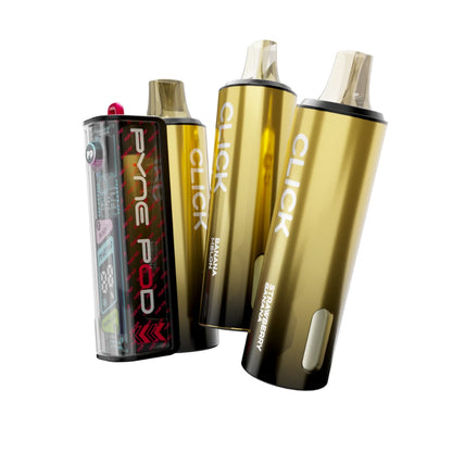 Colourful Pyne Pod Click 50K vape device in "Banana Edition" with 2 refill pods on a white background.
