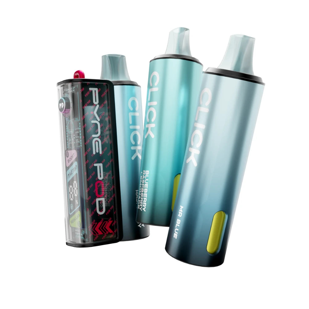 Colourful Pyne Pod Click 50K vape device in "Blue Edition" with 2 refill pods on a white background.