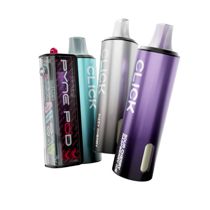 Colourful Pyne Pod Click 50K vape device in "Cherry Edition" with 2 refill pods on a white background.