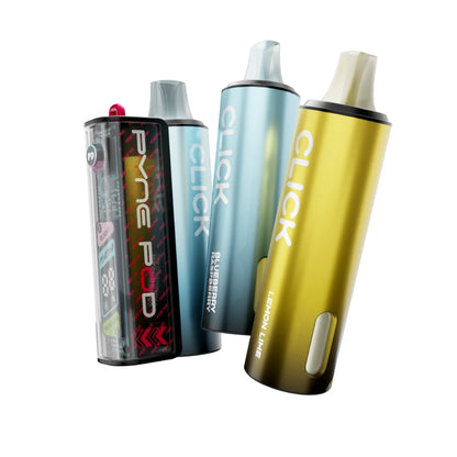 Colourful Pyne Pod Click 50K vape device in "Classic Edition" with 2 refill pods on a white background.