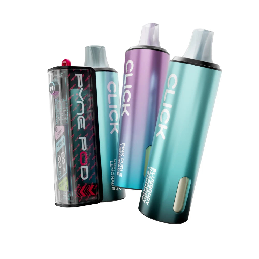 Colourful Pyne Pod Click 50K vape device in "Lemonade Edition" with 2 refill pods on a white background.