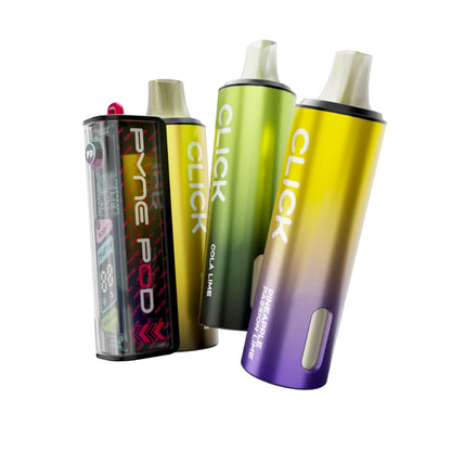 Colourful Pyne Pod Click 50K vape device in "Lime Edition" with 2 refill pods on a white background.