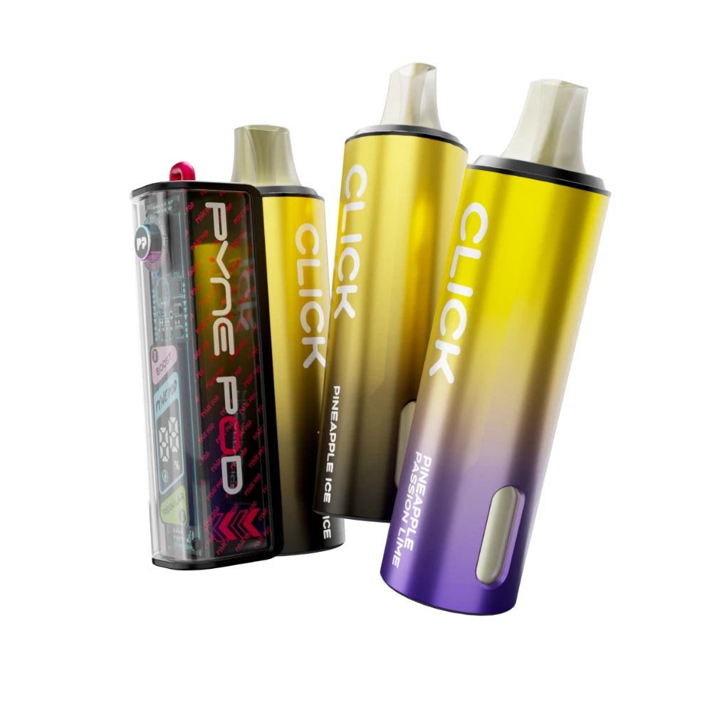 Colourful Pyne Pod Click 50K vape device in "Pineapple Edition" with 2 refill pods on a white background.