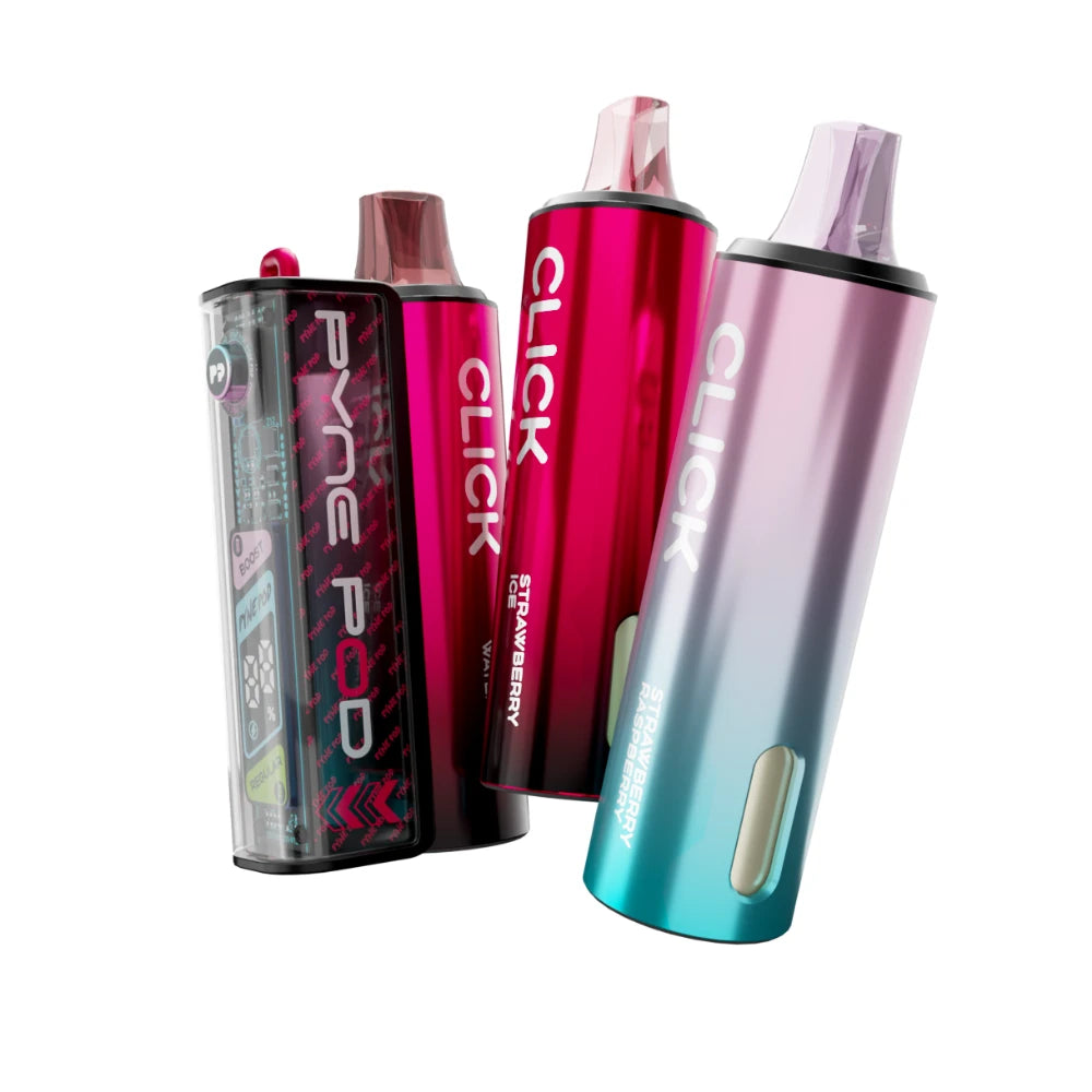 Colourful Pyne Pod Click 50K vape device in "Strawberry Edition" with 2 refill pods on a white background.