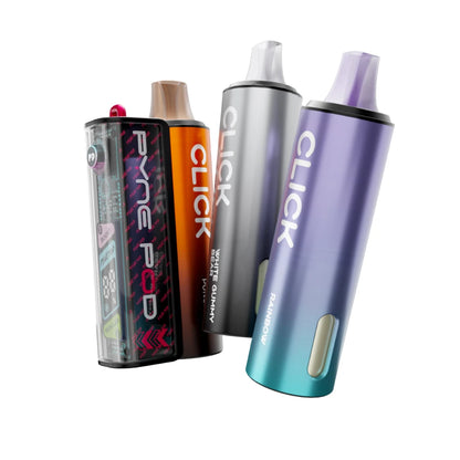 Colourful Pyne Pod Click 50K vape device in "Sweet Edition" with 2 refill pods on a white background.