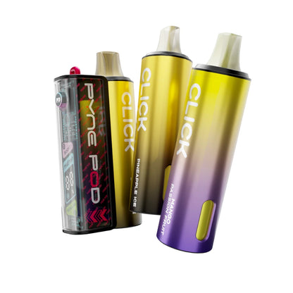 Colourful Pyne Pod Click 50K vape device in "Yellow Edition" with 2 refill pods on a white background.
