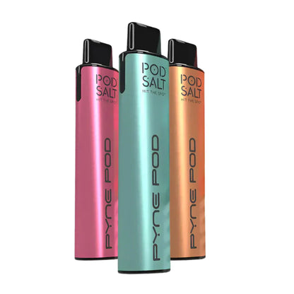 Three Pyne Pod vape devices in pink, blue, and bronze on a white background