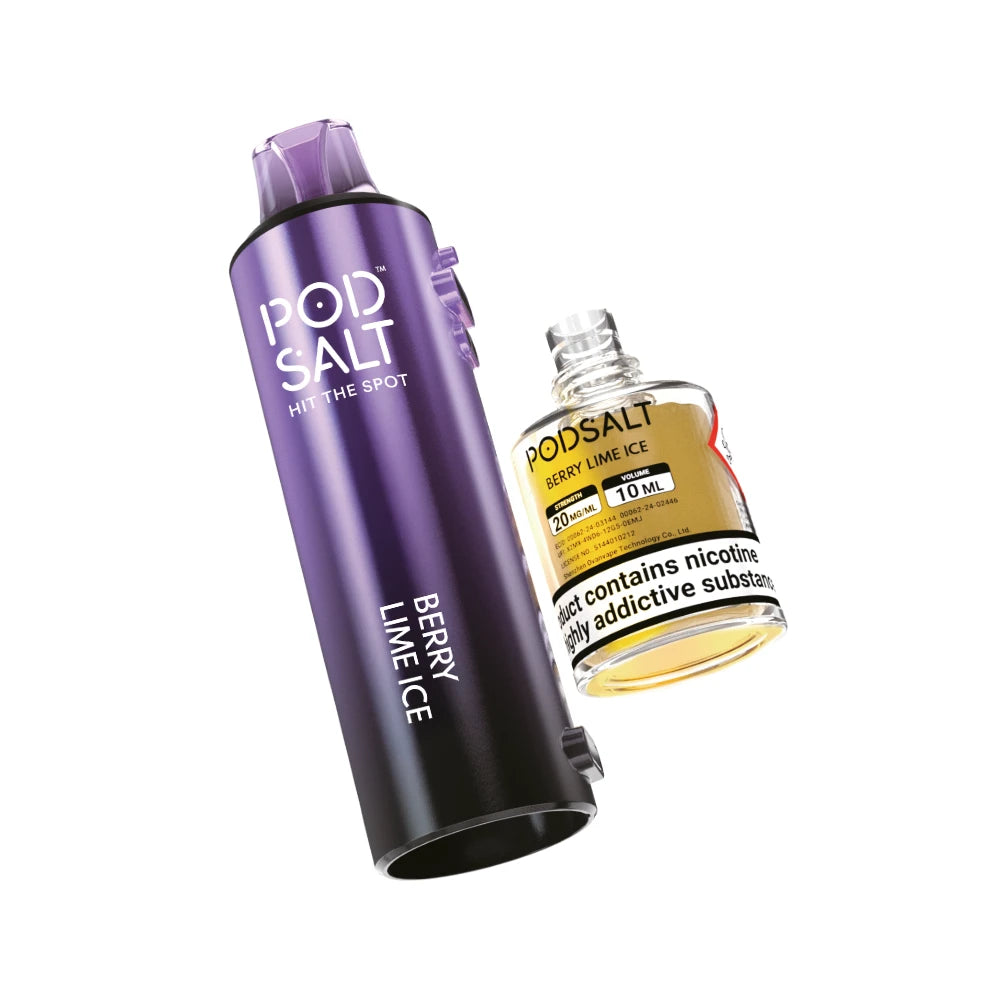 Pyne Pod Click 50k Refill pod and prefilled container in "Berry Lime Ice" flavour on a white background.