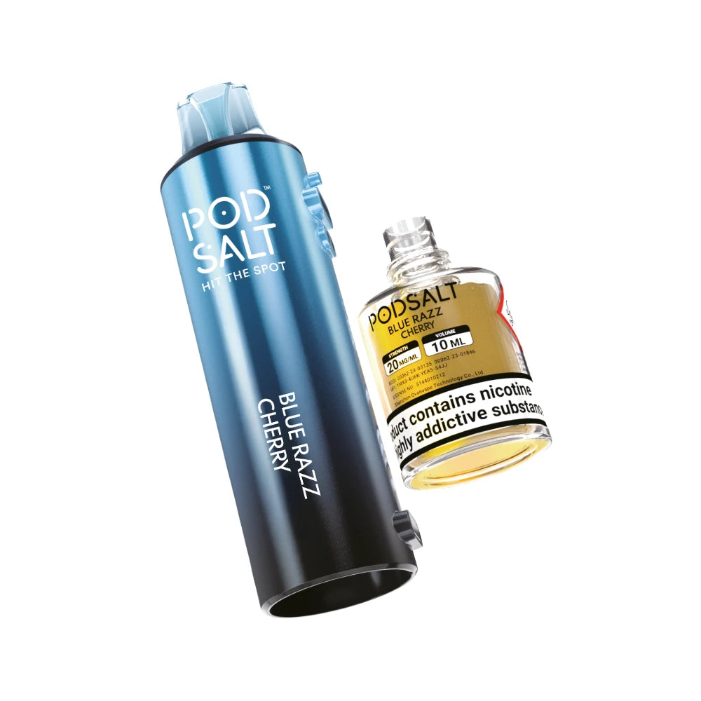 Pyne Pod Click 50k Refill pod and prefilled container in "Blue Razz Cherry" flavour on a white background.