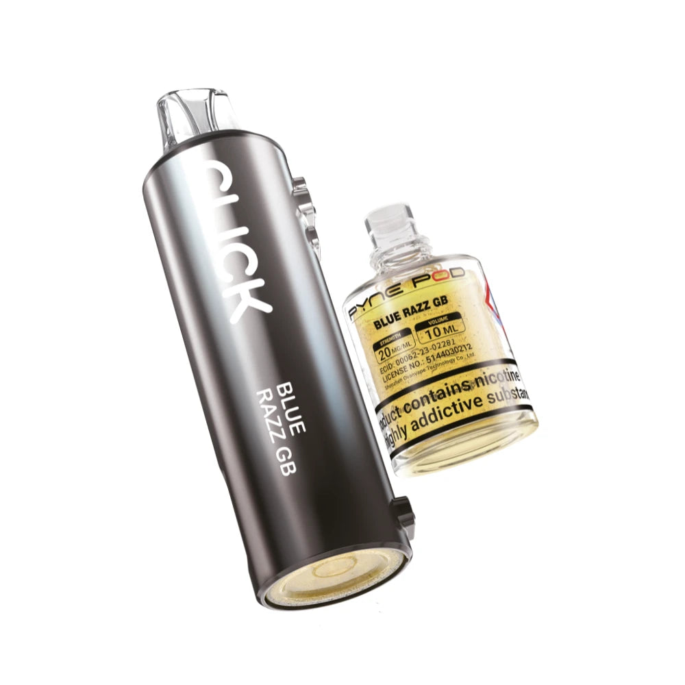 Pyne Pod Click 50k Refill pod and prefilled container in "Blue Razz GB" flavour on a white background.