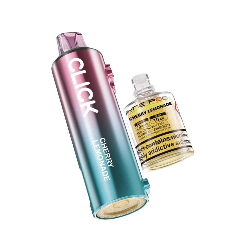 Pyne Pod Click 50k Refill pod and prefilled container in "Cherry Lemonade" flavour on a white background.